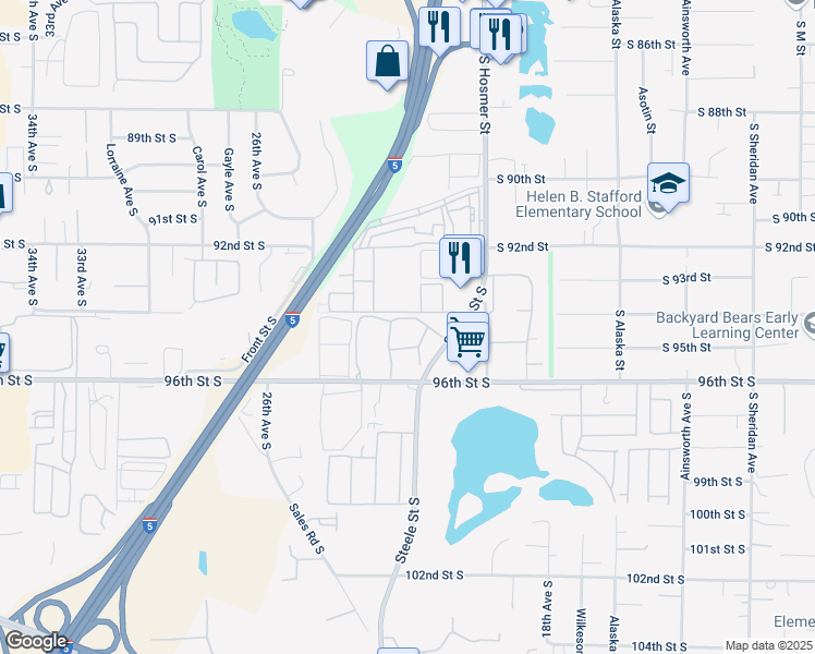 map of restaurants, bars, coffee shops, grocery stores, and more near 2213 96th Street South in Tacoma