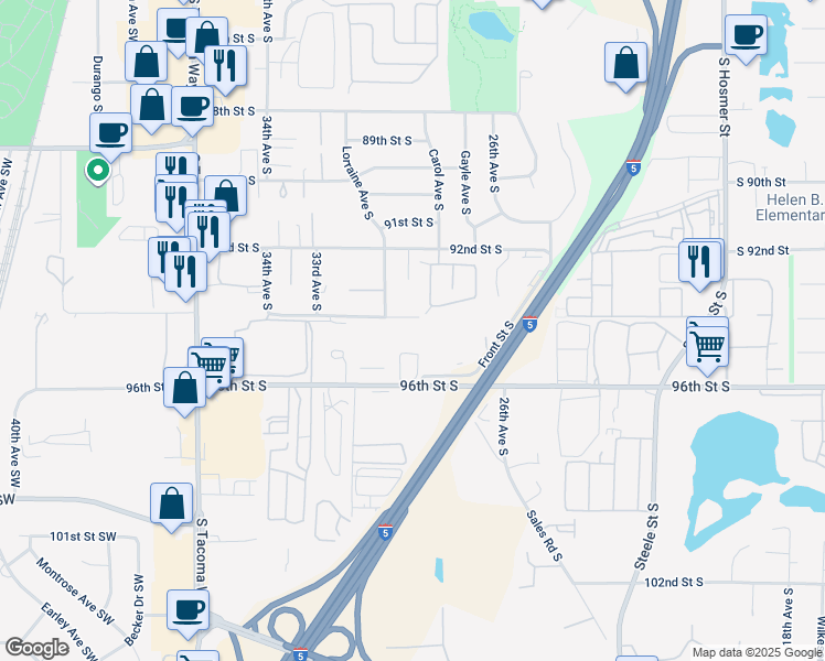 map of restaurants, bars, coffee shops, grocery stores, and more near 3112 94th Street South in Tacoma
