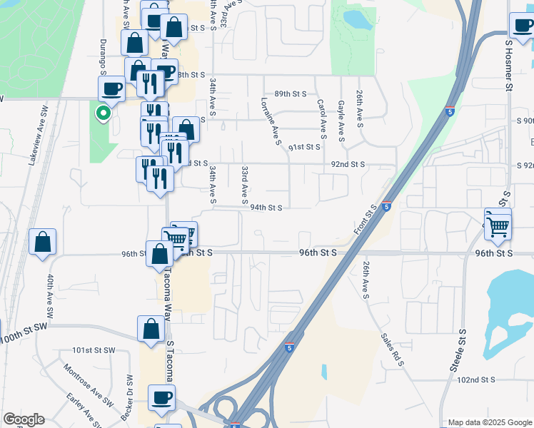map of restaurants, bars, coffee shops, grocery stores, and more near 3220 94th Street South in Lakewood