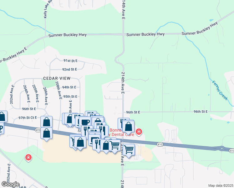 map of restaurants, bars, coffee shops, grocery stores, and more near 9402 214th Avenue East in Sumner