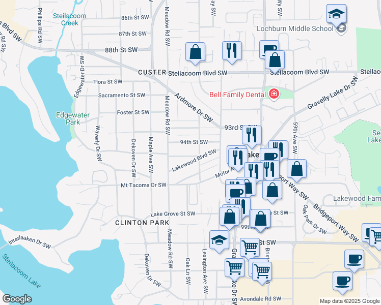 map of restaurants, bars, coffee shops, grocery stores, and more near 6513 95th Street Southwest in Tacoma