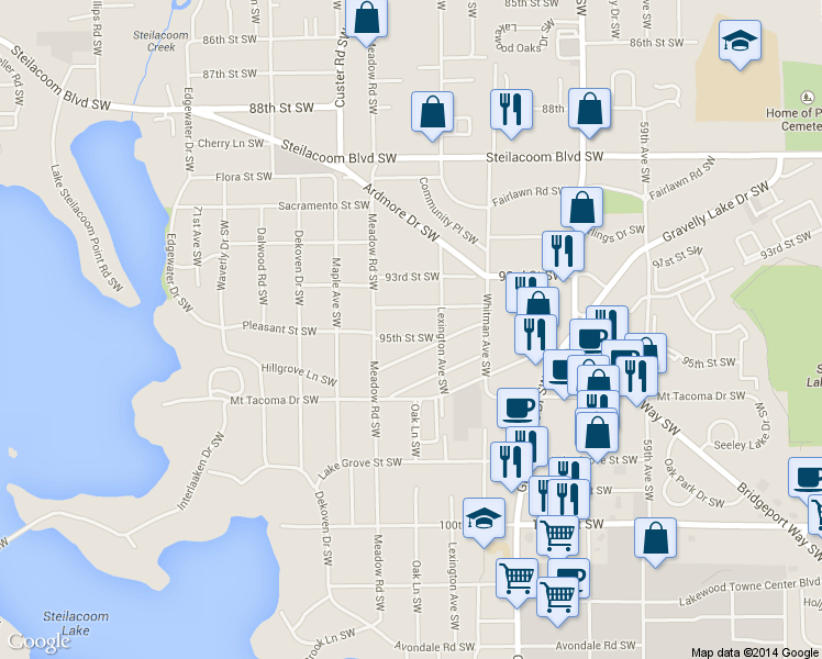 map of restaurants, bars, coffee shops, grocery stores, and more near 6513 95th Street Southwest in Tacoma