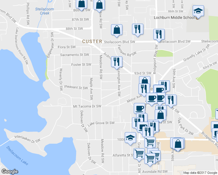 map of restaurants, bars, coffee shops, grocery stores, and more near 6513 95th Street Southwest in Tacoma