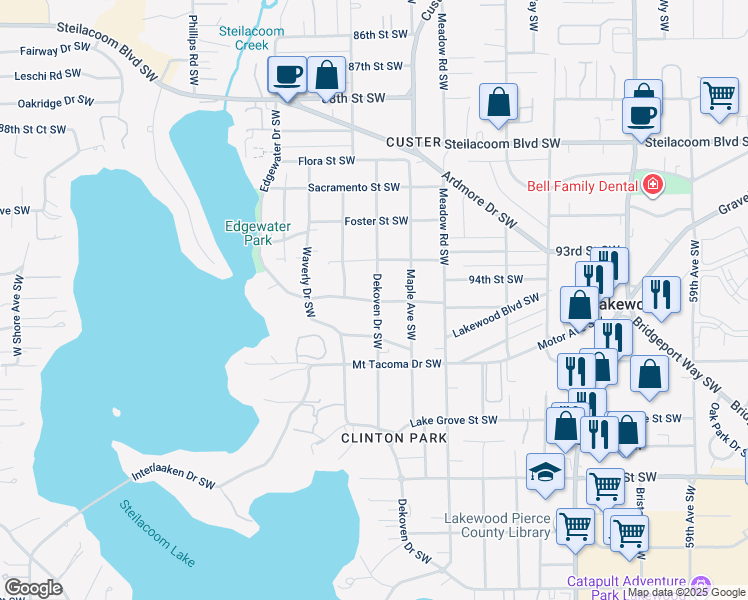 map of restaurants, bars, coffee shops, grocery stores, and more near 9351 Dekoven Drive Southwest in Tacoma