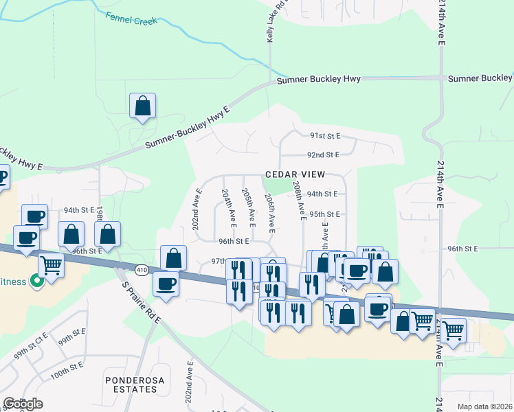 map of restaurants, bars, coffee shops, grocery stores, and more near 9410 205th Avenue East in Bonney Lake