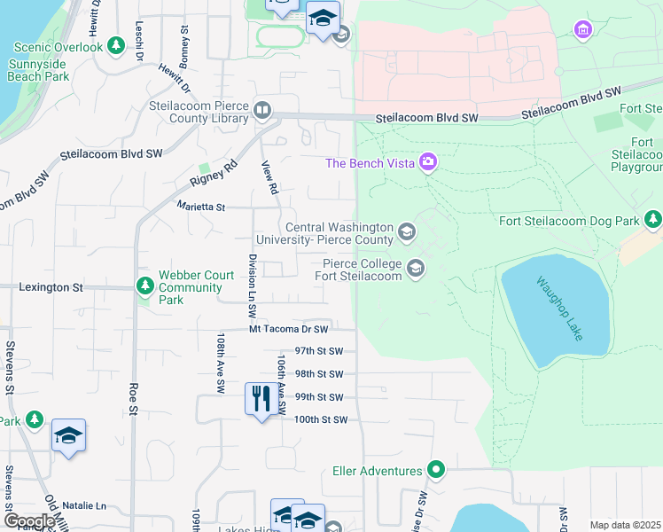 map of restaurants, bars, coffee shops, grocery stores, and more near 10322 93rd Street Court Southwest in Lakewood