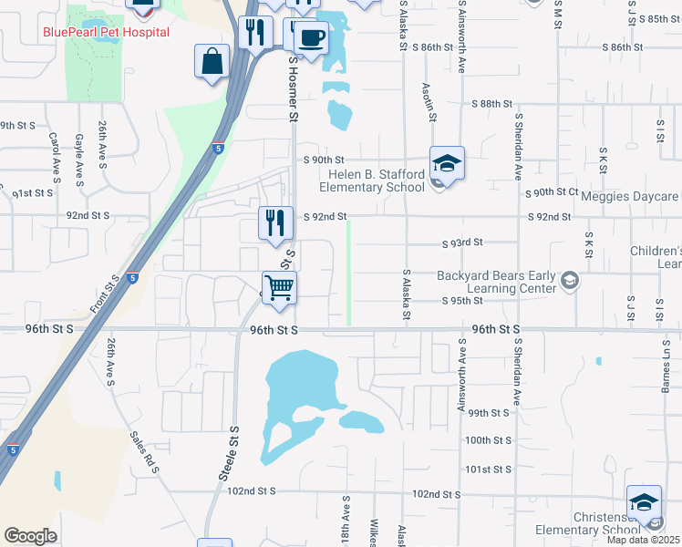 map of restaurants, bars, coffee shops, grocery stores, and more near 9401 South Ash Street in Tacoma