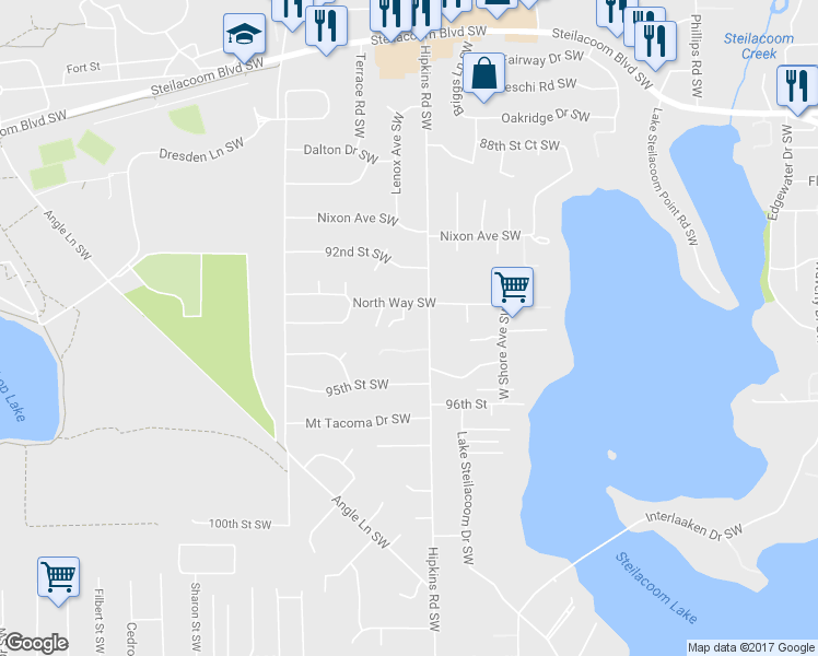 map of restaurants, bars, coffee shops, grocery stores, and more near 8318 North Way Southwest in Lakewood