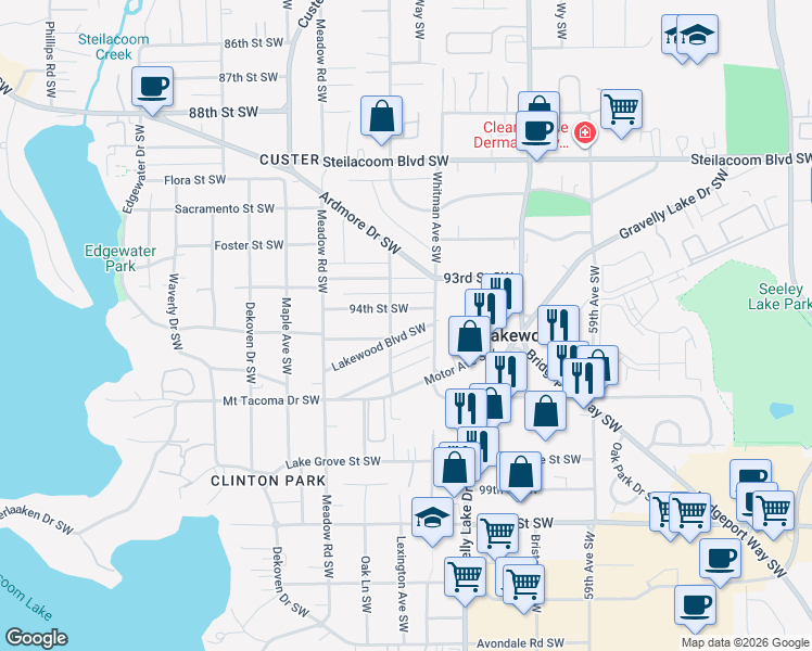 map of restaurants, bars, coffee shops, grocery stores, and more near 6319 Lakewood Boulevard Southwest in Tacoma