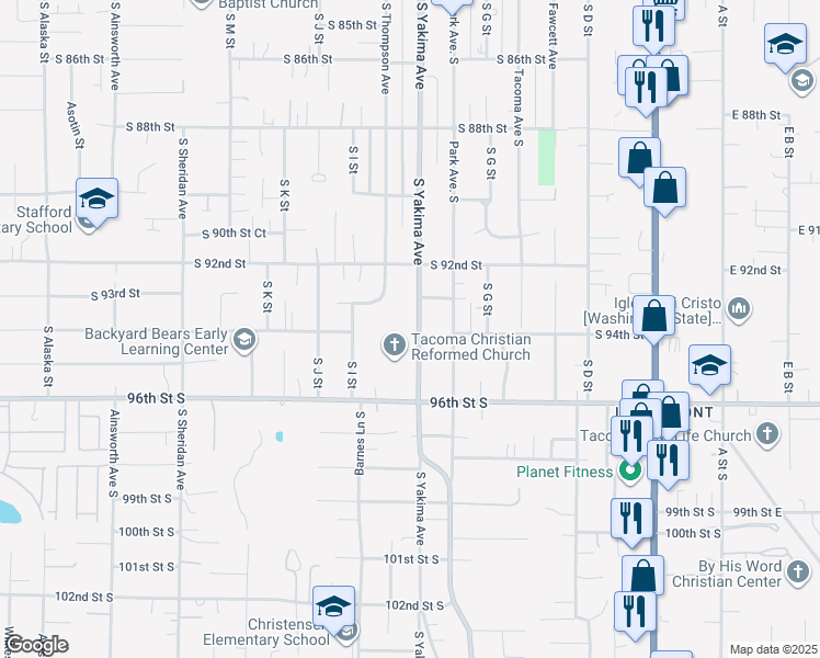 map of restaurants, bars, coffee shops, grocery stores, and more near 9250 South Yakima Avenue in Tacoma