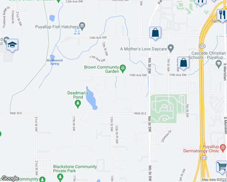 map of restaurants, bars, coffee shops, grocery stores, and more near 2102 13th Street Southwest in Puyallup