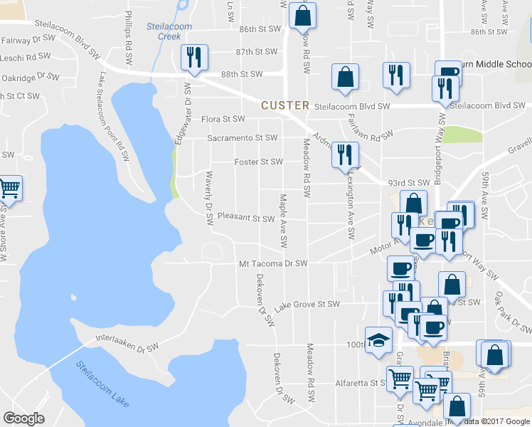 map of restaurants, bars, coffee shops, grocery stores, and more near 9351 Dekoven Drive Southwest in Tacoma