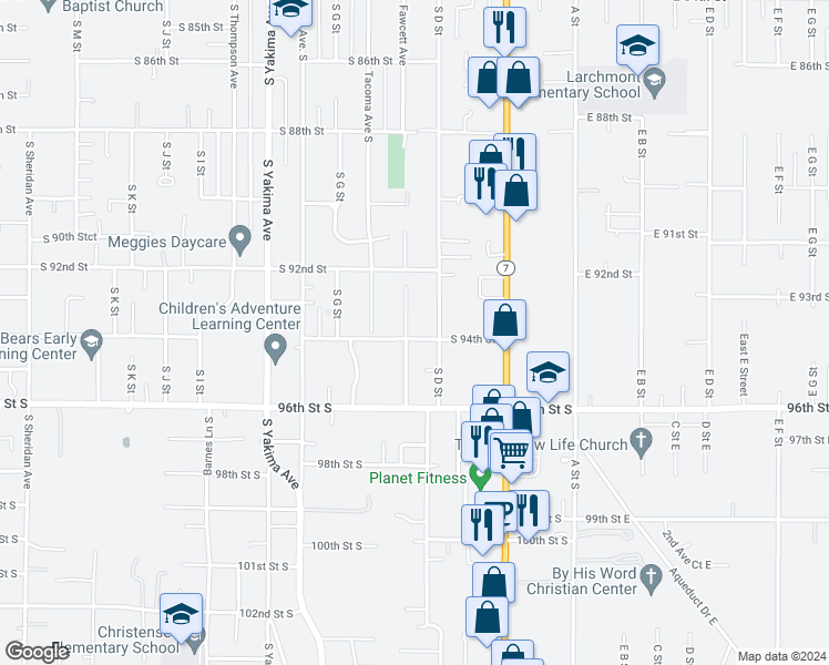 map of restaurants, bars, coffee shops, grocery stores, and more near 415 South 94th Street in Tacoma