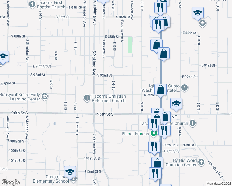 map of restaurants, bars, coffee shops, grocery stores, and more near 9245 South G Street in Tacoma