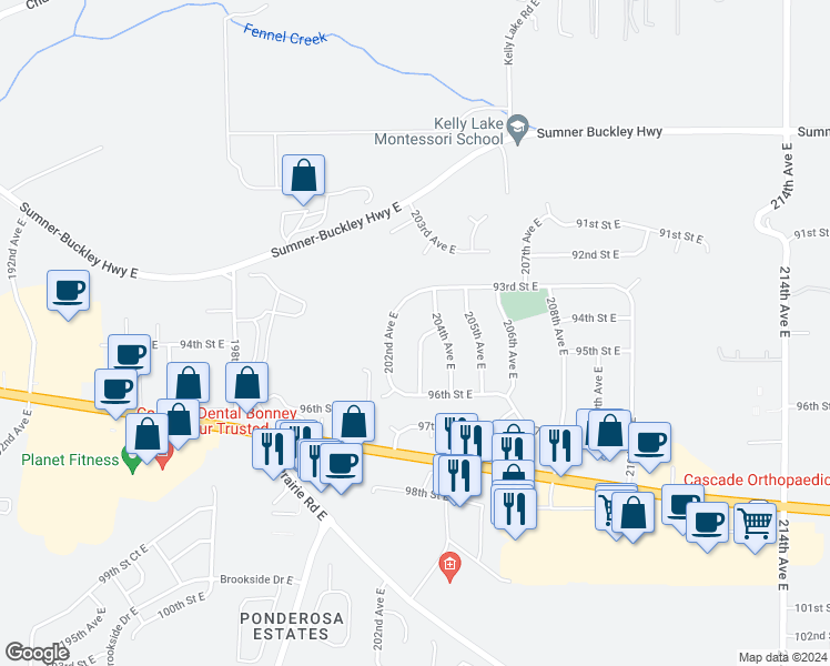 map of restaurants, bars, coffee shops, grocery stores, and more near 9403 203rd Avenue East in Bonney Lake