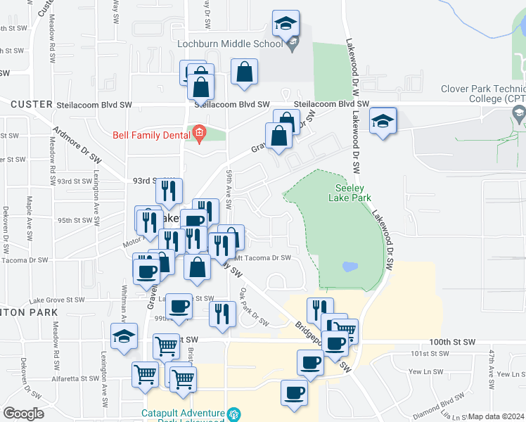 map of restaurants, bars, coffee shops, grocery stores, and more near 9501 59th Avenue Southwest in Lakewood