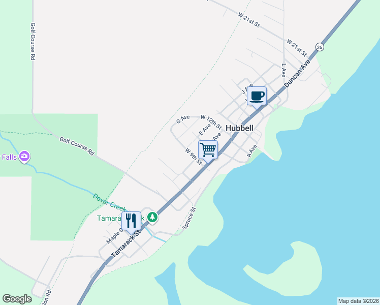 map of restaurants, bars, coffee shops, grocery stores, and more near 801 D Avenue in Hubbell