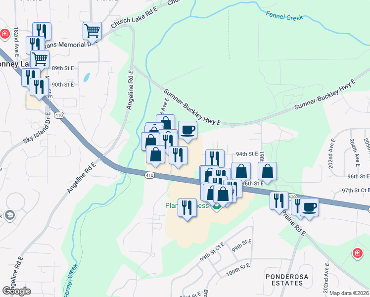 map of restaurants, bars, coffee shops, grocery stores, and more near 9400 192nd Avenue East in Bonney Lake