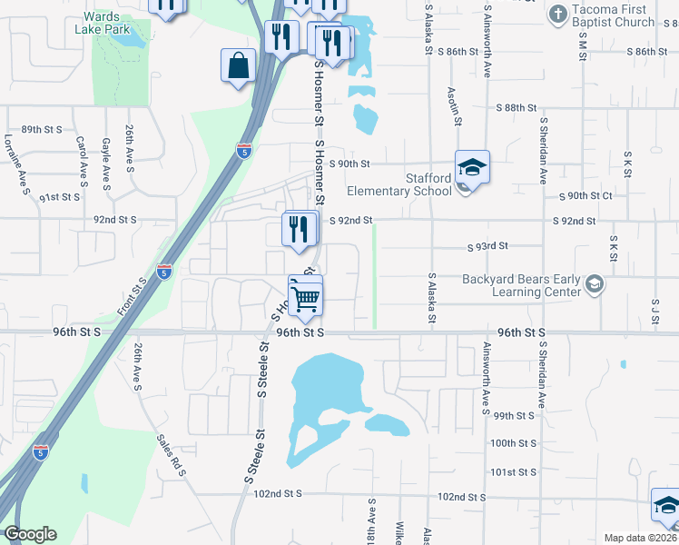 map of restaurants, bars, coffee shops, grocery stores, and more near 9401 South Ash Street in Tacoma