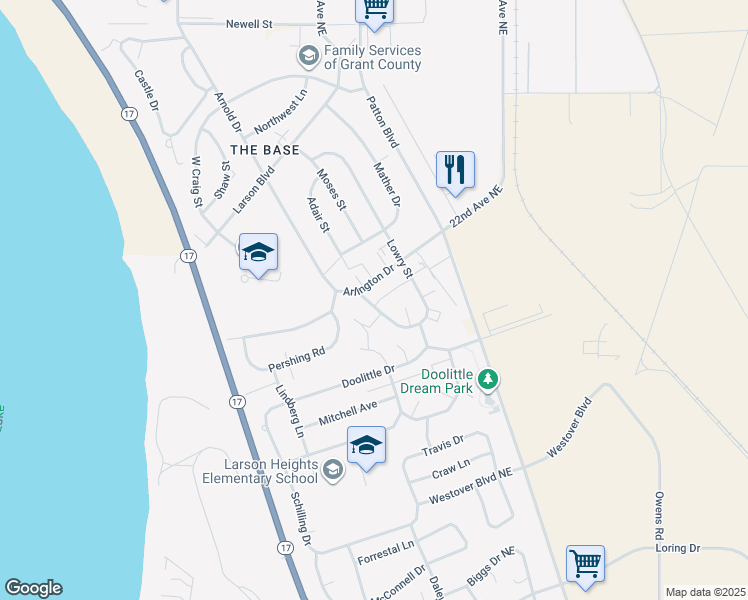 map of restaurants, bars, coffee shops, grocery stores, and more near 913 Lowry Street in Moses Lake