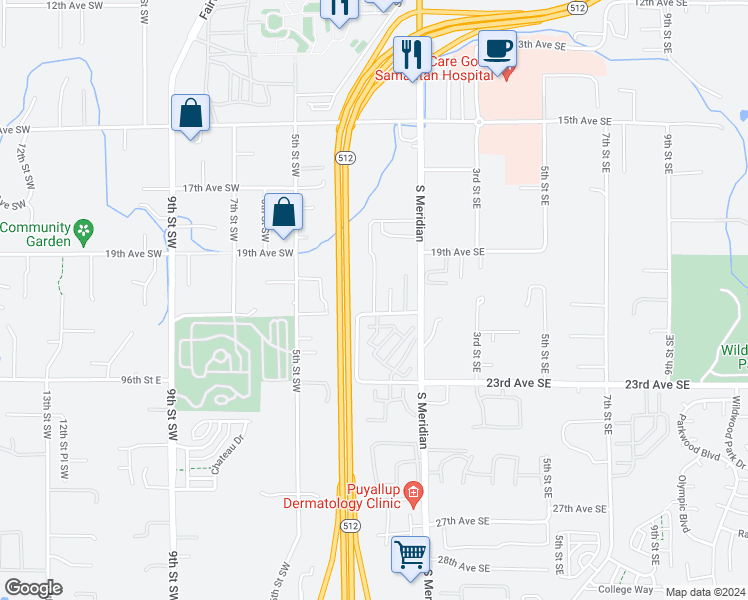 map of restaurants, bars, coffee shops, grocery stores, and more near 209 21st Avenue Southwest in Puyallup