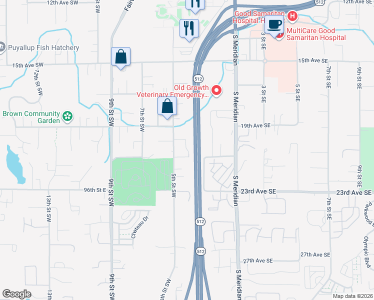 map of restaurants, bars, coffee shops, grocery stores, and more near 411 21st Avenue Southwest in Puyallup