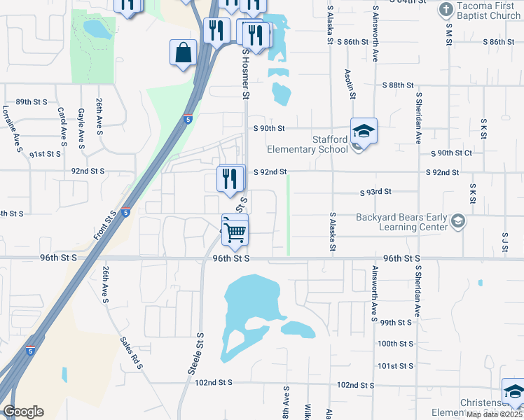 map of restaurants, bars, coffee shops, grocery stores, and more near 9401 South Ash Street in Tacoma