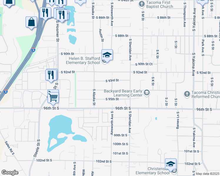 map of restaurants, bars, coffee shops, grocery stores, and more near 1601 South 94th Street in Tacoma
