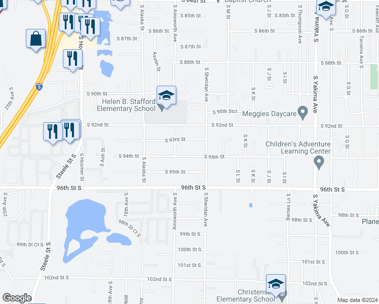 map of restaurants, bars, coffee shops, grocery stores, and more near 1501 South 94th Street in Tacoma