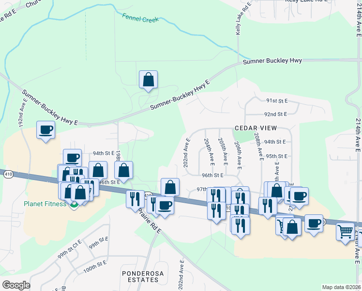 map of restaurants, bars, coffee shops, grocery stores, and more near 9405 202nd Avenue East in Bonney Lake