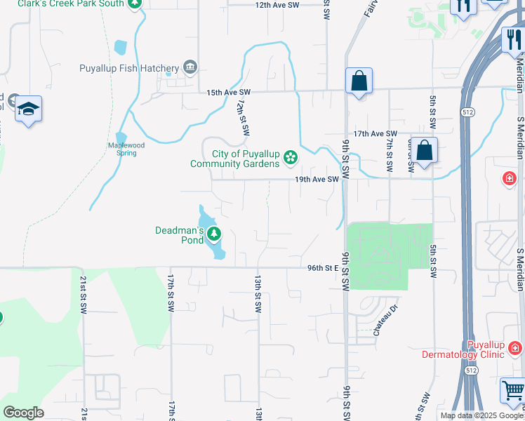 map of restaurants, bars, coffee shops, grocery stores, and more near 2102 13th Street Southwest in Puyallup