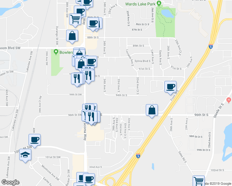 map of restaurants, bars, coffee shops, grocery stores, and more near 9318-9320 33rd Avenue South in Lakewood