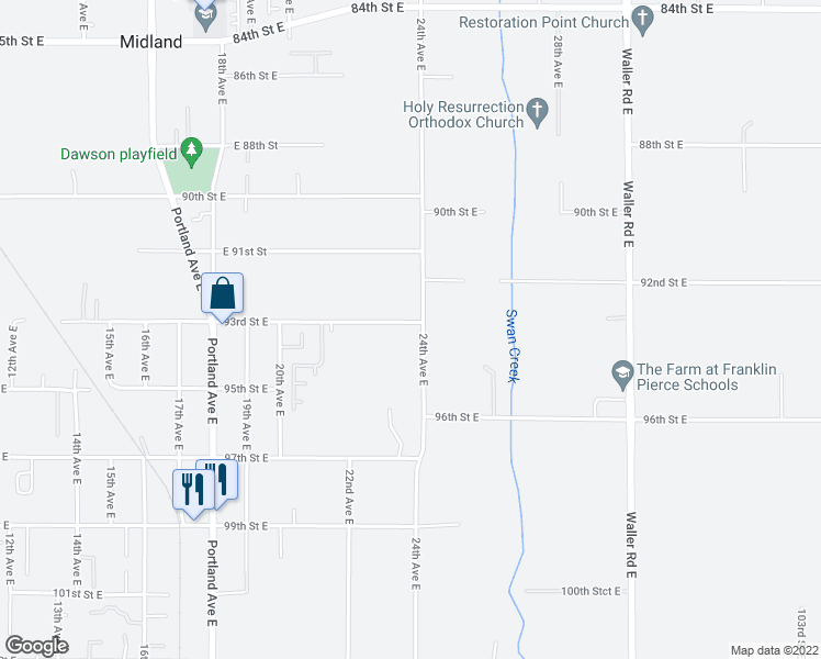 map of restaurants, bars, coffee shops, grocery stores, and more near 2316 93rd Street East in Tacoma