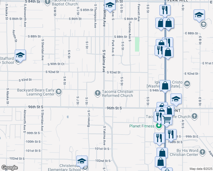map of restaurants, bars, coffee shops, grocery stores, and more near 9250 South Yakima Avenue in Tacoma