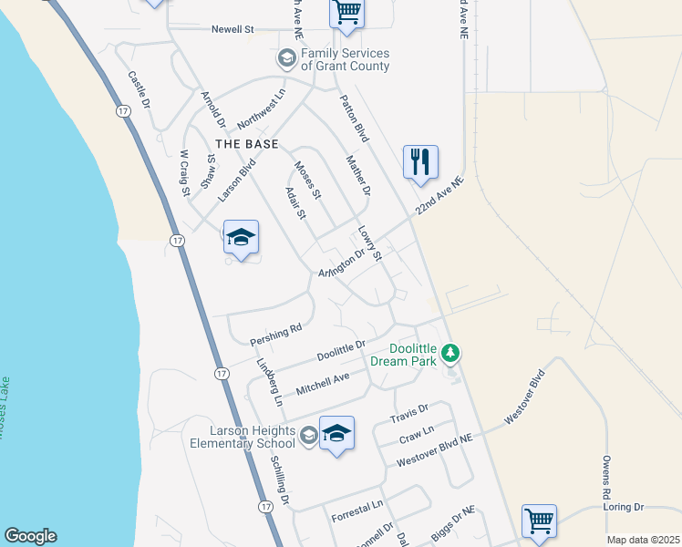 map of restaurants, bars, coffee shops, grocery stores, and more near 913 Lowry Street in Moses Lake