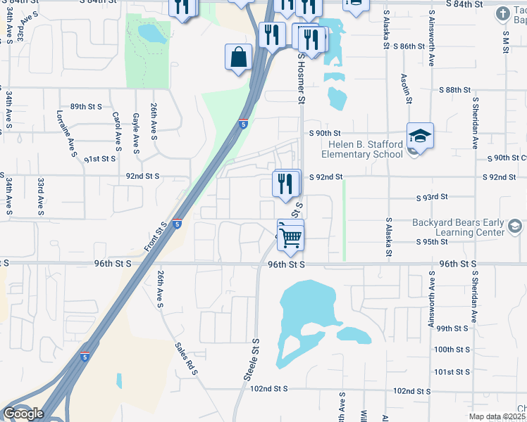 map of restaurants, bars, coffee shops, grocery stores, and more near 2213 96th Street South in Tacoma