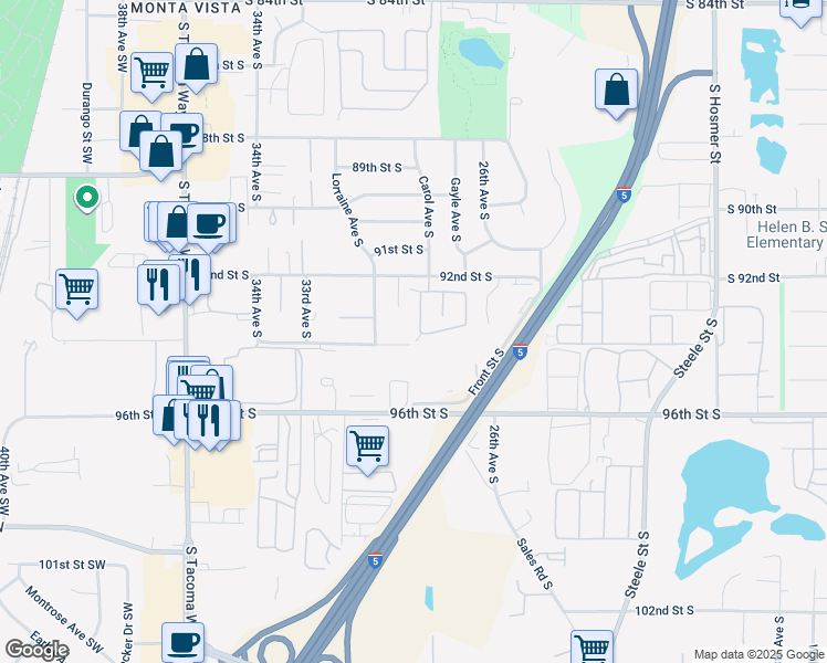 map of restaurants, bars, coffee shops, grocery stores, and more near 3112 94th Street South in Tacoma
