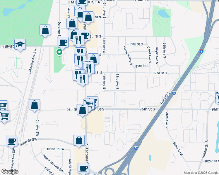 map of restaurants, bars, coffee shops, grocery stores, and more near 9318-9320 33rd Avenue South in Lakewood
