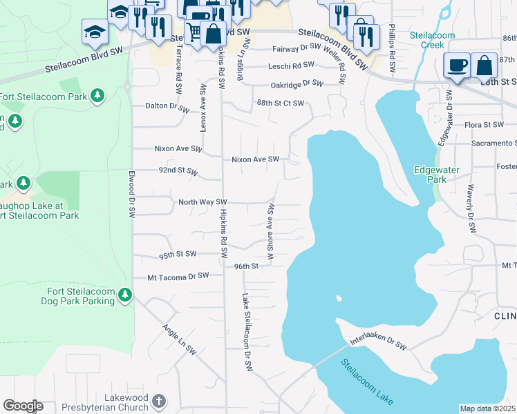map of restaurants, bars, coffee shops, grocery stores, and more near 58 A To 58 B West Shore Avenue Southwest in Lakewood