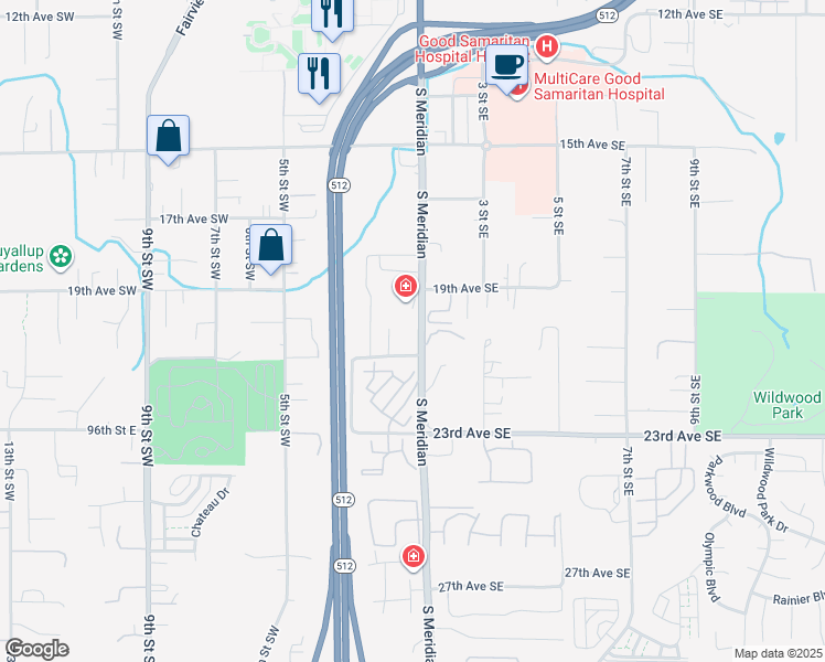 map of restaurants, bars, coffee shops, grocery stores, and more near 2008 South Meridian in Puyallup