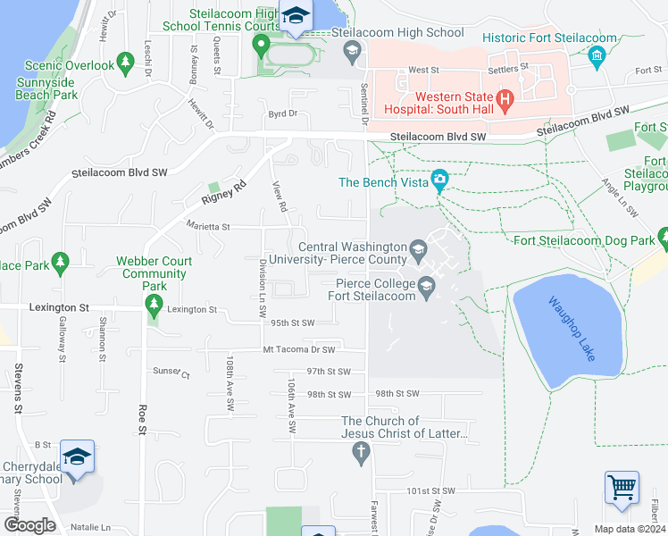 map of restaurants, bars, coffee shops, grocery stores, and more near 10322 93rd Street Court Southwest in Lakewood