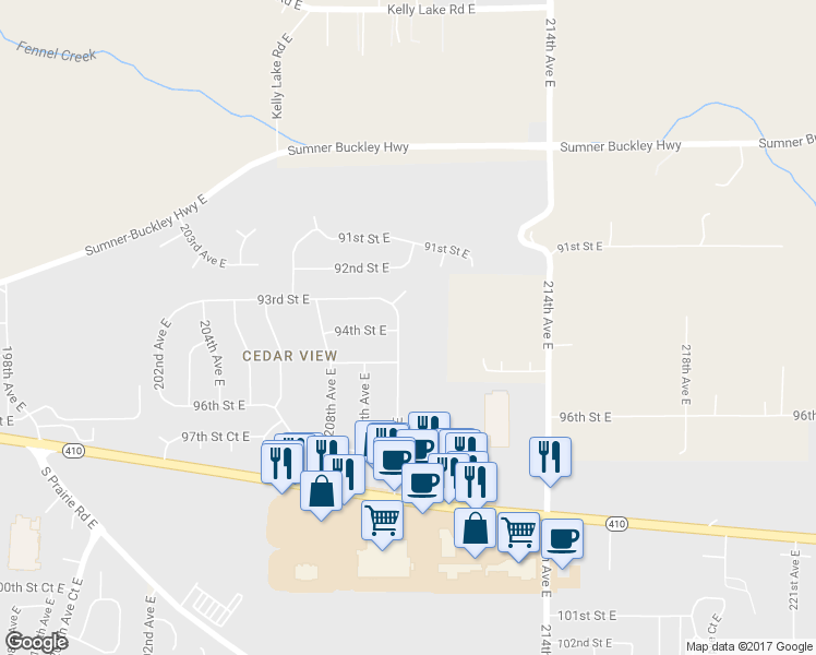 map of restaurants, bars, coffee shops, grocery stores, and more near 9310 210th Avenue East in Bonney Lake