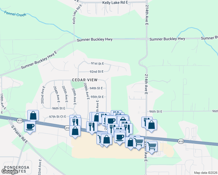 map of restaurants, bars, coffee shops, grocery stores, and more near 9310 210th Avenue East in Bonney Lake