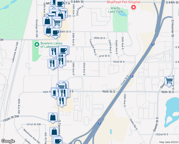 map of restaurants, bars, coffee shops, grocery stores, and more near 3220 94th Street South in Lakewood