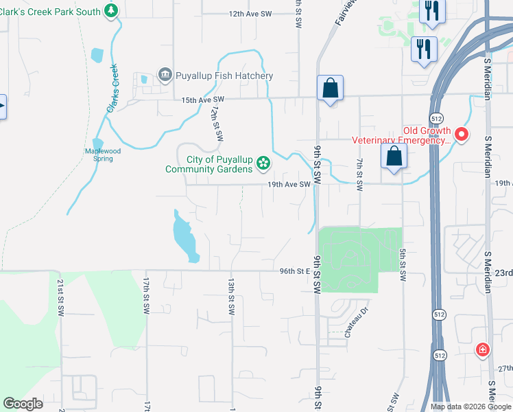 map of restaurants, bars, coffee shops, grocery stores, and more near 2103 13th Street Southwest in Puyallup