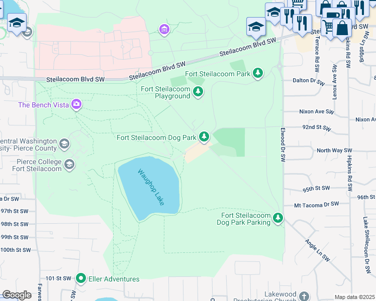 map of restaurants, bars, coffee shops, grocery stores, and more near Waughop Lake Loop in Lakewood