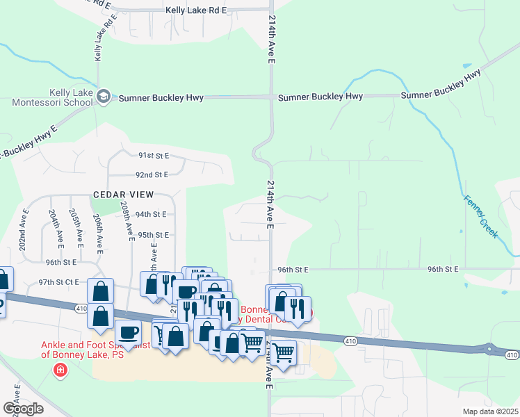 map of restaurants, bars, coffee shops, grocery stores, and more near 9402 214th Avenue East in Sumner