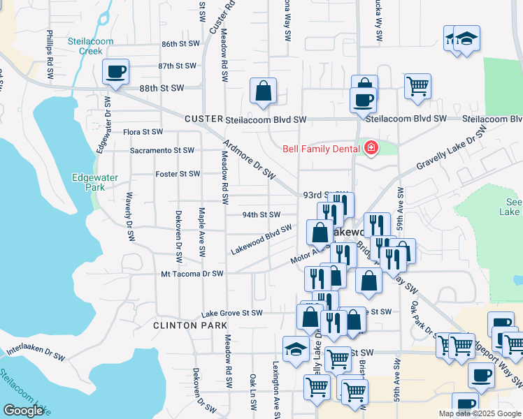 map of restaurants, bars, coffee shops, grocery stores, and more near 6513 95th Street Southwest in Tacoma