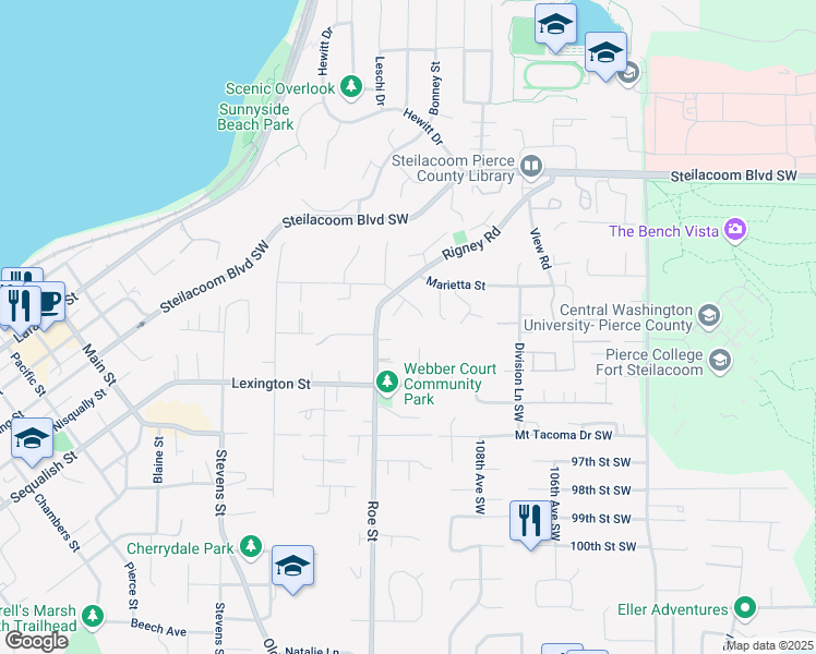 map of restaurants, bars, coffee shops, grocery stores, and more near 2708 Marietta Street in Steilacoom
