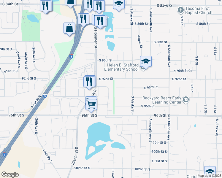 map of restaurants, bars, coffee shops, grocery stores, and more near 1814 South 92nd Street in Tacoma